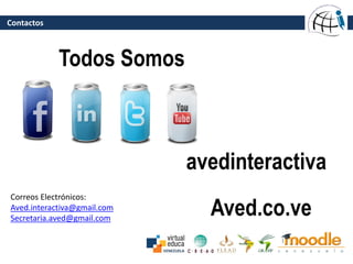 Contactos
avedinteractiva
Correos Electrónicos:
Aved.interactiva@gmail.com
Secretaria.aved@gmail.com
Todos Somos
Aved.co.ve
 
