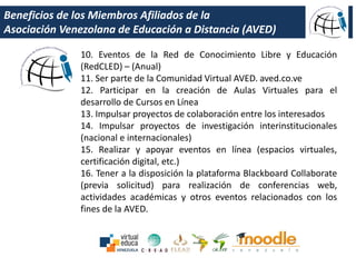 Beneficios de los Miembros Afiliados de la
Asociación Venezolana de Educación a Distancia (AVED)
10. Eventos de la Red de Conocimiento Libre y Educación
(RedCLED) – (Anual)
11. Ser parte de la Comunidad Virtual AVED. aved.co.ve
12. Participar en la creación de Aulas Virtuales para el
desarrollo de Cursos en Línea
13. Impulsar proyectos de colaboración entre los interesados
14. Impulsar proyectos de investigación interinstitucionales
(nacional e internacionales)
15. Realizar y apoyar eventos en línea (espacios virtuales,
certificación digital, etc.)
16. Tener a la disposición la plataforma Blackboard Collaborate
(previa solicitud) para realización de conferencias web,
actividades académicas y otros eventos relacionados con los
fines de la AVED.
 