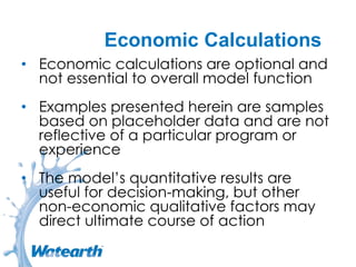 Economic Calculations
• Economic calculations are optional and
not essential to overall model function
• Examples presented herein are samples
based on placeholder data and are not
reflective of a particular program or
experience
• The model’s quantitative results are
useful for decision-making, but other
non-economic qualitative factors may
direct ultimate course of action
 