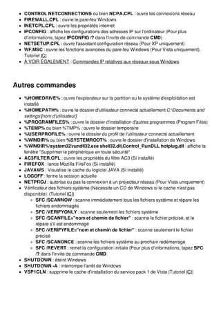 CONTROL NETCONNECTIONS ou bien NCPA.CPL : ouvre les connexions réseau
FIREWALL.CPL : ouvre le pare-feu Windows
INETCPL.CPL : ouvre les propriétés internet
IPCONFIG : affiche les configurations des adresses IP sur l'ordinateur (Pour plus
d'informations, tapez IPCONFIG /? dans l'invite de commande CMD)
NETSETUP.CPL : ouvre l'assistant configuration réseau (Pour XP uniquement)
WF.MSC : ouvre les fonctions avancées du pare-feu Windows (Pour Vista uniquement).
Tutoriel ICI
À VOIR ÉGALEMENT : Commandes IP relatives aux réseaux sous Windows
Autres commandes
%HOMEDRIVE% : ouvre l'explorateur sur la partition ou le système d'exploitation est
installé
%HOMEPATH% : ouvre le dossier d'utilisateur connecté actuellement C:Documents and
settings[nom d'utilisateur]
%PROGRAMFILES% : ouvre le dossier d'installation d'autres programmes (Program Files)
%TEMP% ou bien %TMP% : ouvre le dossier temporaire
%USERPROFILE% : ouvre le dossier du profil de l'utilisateur connecté actuellement
%WINDIR% ou bien %SYSTEMROOT% : ouvre le dossier d'installation de Windows
%WINDIR%system32rundll32.exe shell32.dll,Control_RunDLL hotplug.dll : affiche la
fenêtre "Supprimer le périphérique en toute sécurité"
AC3FILTER.CPL : ouvre les propriétés du filtre AC3 (Si installé)
FIREFOX : lance Mozilla FireFox (Si installé)
JAVAWS : Visualise le cache du logiciel JAVA (Si installé)
LOGOFF : ferme la session actuelle
NETPROJ : autorise ou pas la connexion à un projecteur réseau (Pour Vista uniquement)
Vérificateur des fichiers système (Nécessite un CD de Windows si le cache n'est pas
disponible): (Tutoriel ICI)
SFC /SCANNOW : scanne immédiatement tous les fichiers système et répare les
fichiers endommagés
SFC /VERIFYONLY : scanne seulement les fichiers système
SFC /SCANFILE="nom et chemin de fichier" : scanne le fichier précisé, et le
répare s'il est endommagé
SFC /VERIFYFILE="nom et chemin de fichier" : scanne seulement le fichier
précisé
SFC /SCANONCE : scanne les fichiers système au prochain redémarrage
SFC /REVERT : remet la configuration initiale (Pour plus d'informations, tapez SFC
/? dans l'invite de commande CMD.
SHUTDOWN : éteint Windows
SHUTDOWN -A : interrompe l'arrêt de Windows
VSP1CLN : supprime le cache d'installation du service pack 1 de Vista (Tutoriel ICI)
 