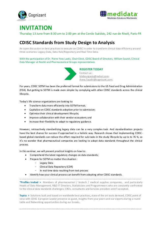 invite event cdisc standards from study design to analysis june 13 cdisc format