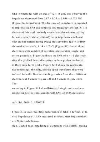 NET-e electrodes with an area of 12 × 15 µm2 and observed the
impedance decreased from 0.87 ± 0.33 to 0.046 ± 0.026 MΩ
(Figure 3a, dashed box). The decrease of impedance is expected
to improve the SNR and suppress low-frequency artifact.[51] In
the rest of this work, we only used electrodes without coating
for consistency, whose relatively large impedance combined
with animal motion during awake measurements led to slightly
elevated noise levels, 11.4 ± 1.7 µV (Figure 3b), but all these
electrodes were capable of detecting and isolating single-unit
action potentials. Figure 3c shows the SNR of n = 10 electrode
sites that yielded detectable spikes in three probes implanted
in three mice for 8 weeks. Figure 3d–f shows the representa-
tive recordings, the SNR, and the spike waveforms that were
isolated from the 10 min recording session from three different
electrodes at 2 weeks (Figure 3d) and 5 weeks (Figure 3e,f).
The
recording in Figure 3d had well-isolated single units and was
among the best in signal quality with SNR of 19.0 and a noise
Adv. Sci. 2018, 5, 1700625
Figure 3. In vivo recording performance of NET-e devices. a) In
vivo impedance at 1 kHz measured at 1week after implantation,
n = 20 for each dimen-
sion. Dashed box: impedance of electrodes with PEDOT coating
 