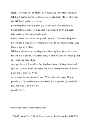 (right) devices in the brain. b) Recording time trace from an
NET-e-l probe hosting a linear electrode array. Inset sketches
the NET-e-l probe. c) 10 ms
recording trace from panel (b) on the top four electrodes
highlighting a single spike that was picked up by adjacent
electrodes with attenuated ampli-
tudes. Same color code as panel (b). b,c) The recording was
performed 5 weeks after implantation. d) Recording time trace
from a group of four
NET-e-t electrodes showing correlated spikes. Inset sketches
the NET-e-t probe. e) Sorted single-unit waveforms from panel
(d). d,e)The recording
was performed 9 weeks after implantation. f ) Superimposed
spikes isolated from the same NET-e-l electrode over 8 weeks
post implantation. Aver-
aged waveforms shown in red. Vertical scale bars: 50 µV,
panels (b–f ); horizontal scale bars: 0.1 s, panels (b) and (d); 2
ms, panel (c); and 0.5 ms,
panels (e,f ).
www.advancedsciencenews.com
1700625 (6 of 9) © 2018 The Authors. Published by WILEY-
 