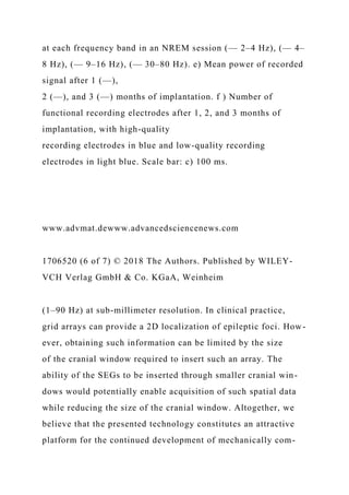 at each frequency band in an NREM session (— 2–4 Hz), (— 4–
8 Hz), (— 9–16 Hz), (— 30–80 Hz). e) Mean power of recorded
signal after 1 (—),
2 (—), and 3 (—) months of implantation. f ) Number of
functional recording electrodes after 1, 2, and 3 months of
implantation, with high-quality
recording electrodes in blue and low-quality recording
electrodes in light blue. Scale bar: c) 100 ms.
www.advmat.dewww.advancedsciencenews.com
1706520 (6 of 7) © 2018 The Authors. Published by WILEY-
VCH Verlag GmbH & Co. KGaA, Weinheim
(1–90 Hz) at sub-millimeter resolution. In clinical practice,
grid arrays can provide a 2D localization of epileptic foci. How-
ever, obtaining such information can be limited by the size
of the cranial window required to insert such an array. The
ability of the SEGs to be inserted through smaller cranial win-
dows would potentially enable acquisition of such spatial data
while reducing the size of the cranial window. Altogether, we
believe that the presented technology constitutes an attractive
platform for the continued development of mechanically com-
 