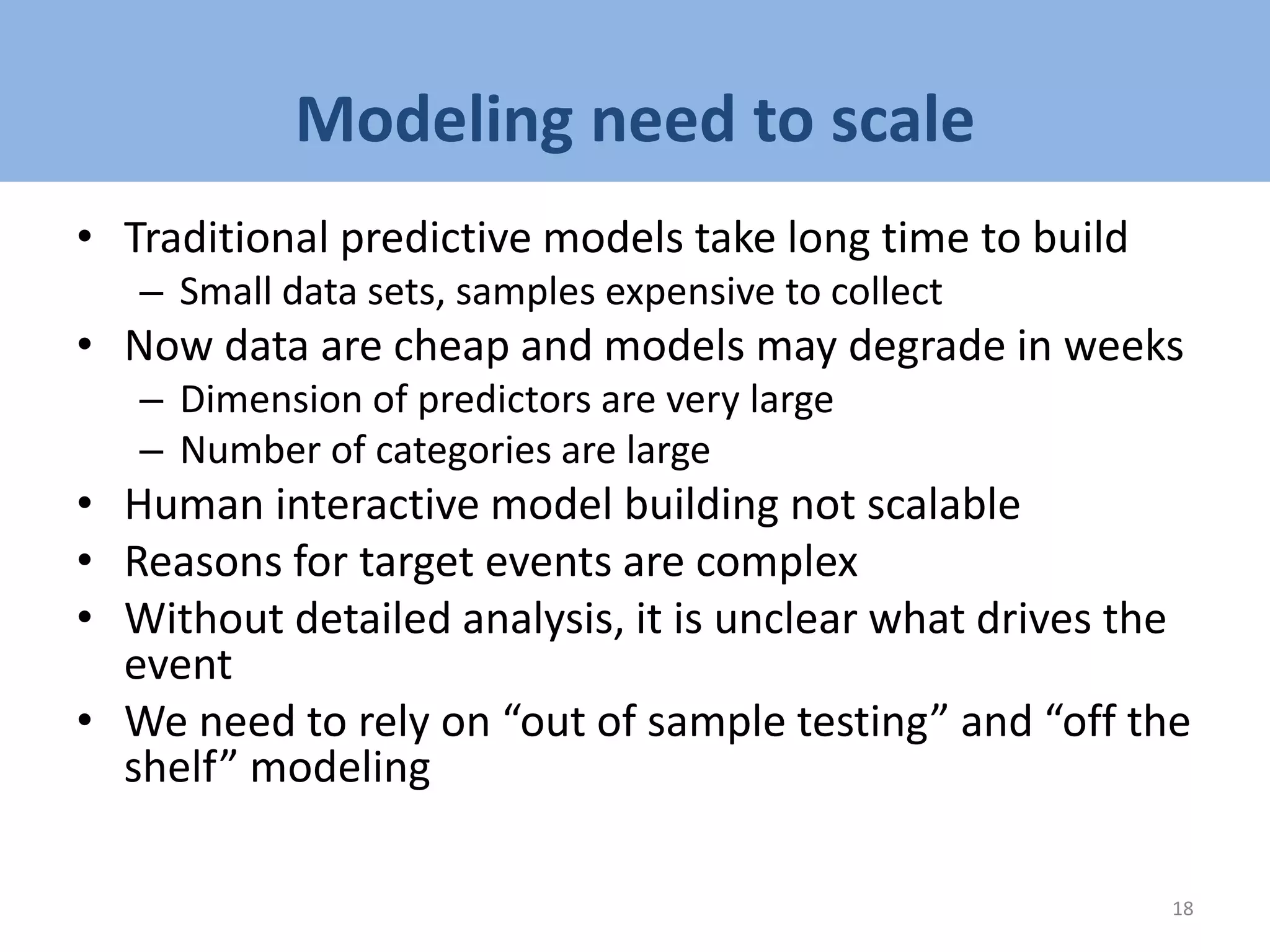 Modeling need to scale
• Traditional predictive models take long time to build
– Small data sets, samples expensive to collect
• Now data are cheap and models may degrade in weeks
– Dimension of predictors are very large
– Number of categories are large
• Human interactive model building not scalable
• Reasons for target events are complex
• Without detailed analysis, it is unclear what drives the
event
• We need to rely on “out of sample testing” and “off the
shelf” modeling
18
 