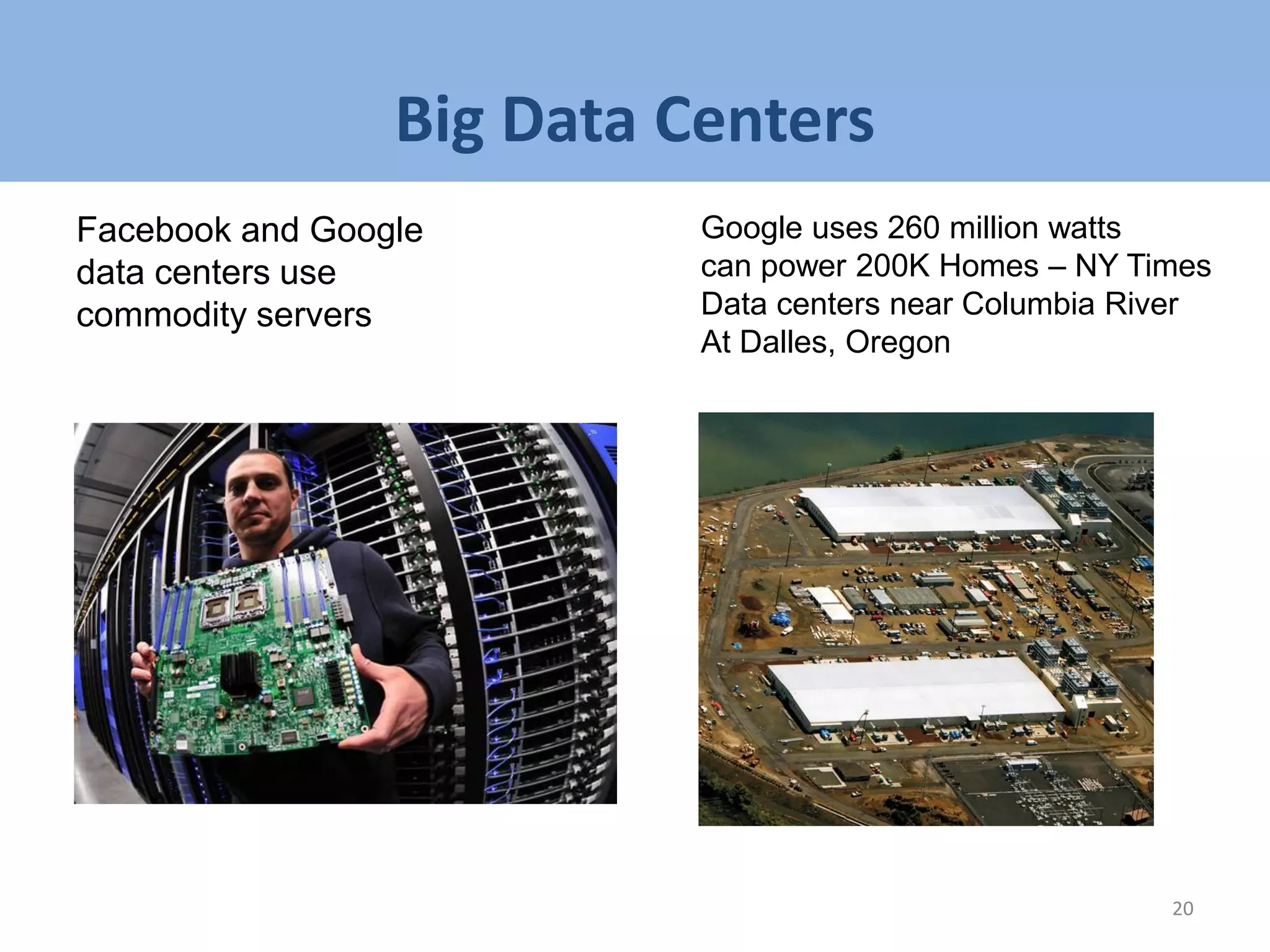 Big Data Centers
20
Facebook and Google
data centers use
commodity servers
Google uses 260 million watts
can power 200K Homes – NY Times
Data centers near Columbia River
At Dalles, Oregon
 