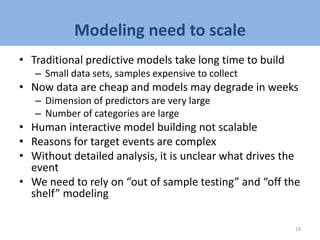 Modeling need to scale
• Traditional predictive models take long time to build
– Small data sets, samples expensive to collect
• Now data are cheap and models may degrade in weeks
– Dimension of predictors are very large
– Number of categories are large
• Human interactive model building not scalable
• Reasons for target events are complex
• Without detailed analysis, it is unclear what drives the
event
• We need to rely on “out of sample testing” and “off the
shelf” modeling
18
 