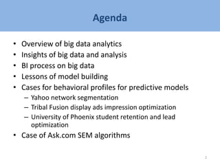Agenda
• Overview of big data analytics
• Insights of big data and analysis
• BI process on big data
• Lessons of model building
• Cases for behavioral profiles for predictive models
– Yahoo network segmentation
– Tribal Fusion display ads impression optimization
– University of Phoenix student retention and lead
optimization
• Case of Ask.com SEM algorithms
2
 