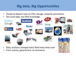 Big data, Big Opportunities
• Thanks to Moore’s law, on CPU, storage, network connections
• Too much data, too little knowledge
• Data, analytics changed every field many times over
• From science, government, to commerce
5
 