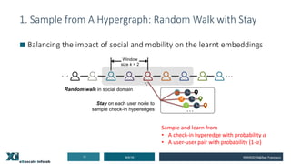 1. Sample from A Hypergraph: Random Walk with Stay
■ Balancing the impact of social and mobility on the learnt embeddings
8/5/1917 WWW2019@San Francisco
Sample and learn from
• A check-in hyperedge with probability 𝛼
• A user-user pair with probability (1-𝛼)
 