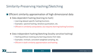 Similarity-Preserving Hashing/Sketching
■ Efficient similarity approximation of high dimensional data
● Data-dependent hashing (learning-to-hash)
−Learning dataset-specific hashing functions
−Examples: spectral hashing, iterative quantization, etc.
−Efficient in similarity computation, but requires learning hashing functions
● Data-independent hashing/sketching (locality sensitive hashing)
−Hashing without involving any learning process from data
−Examples: minhash, consistent weighted sampling, etc.
−Efficient in both similarity approximation and hashing
8/5/1924 WWW2019@San Francisco
 
