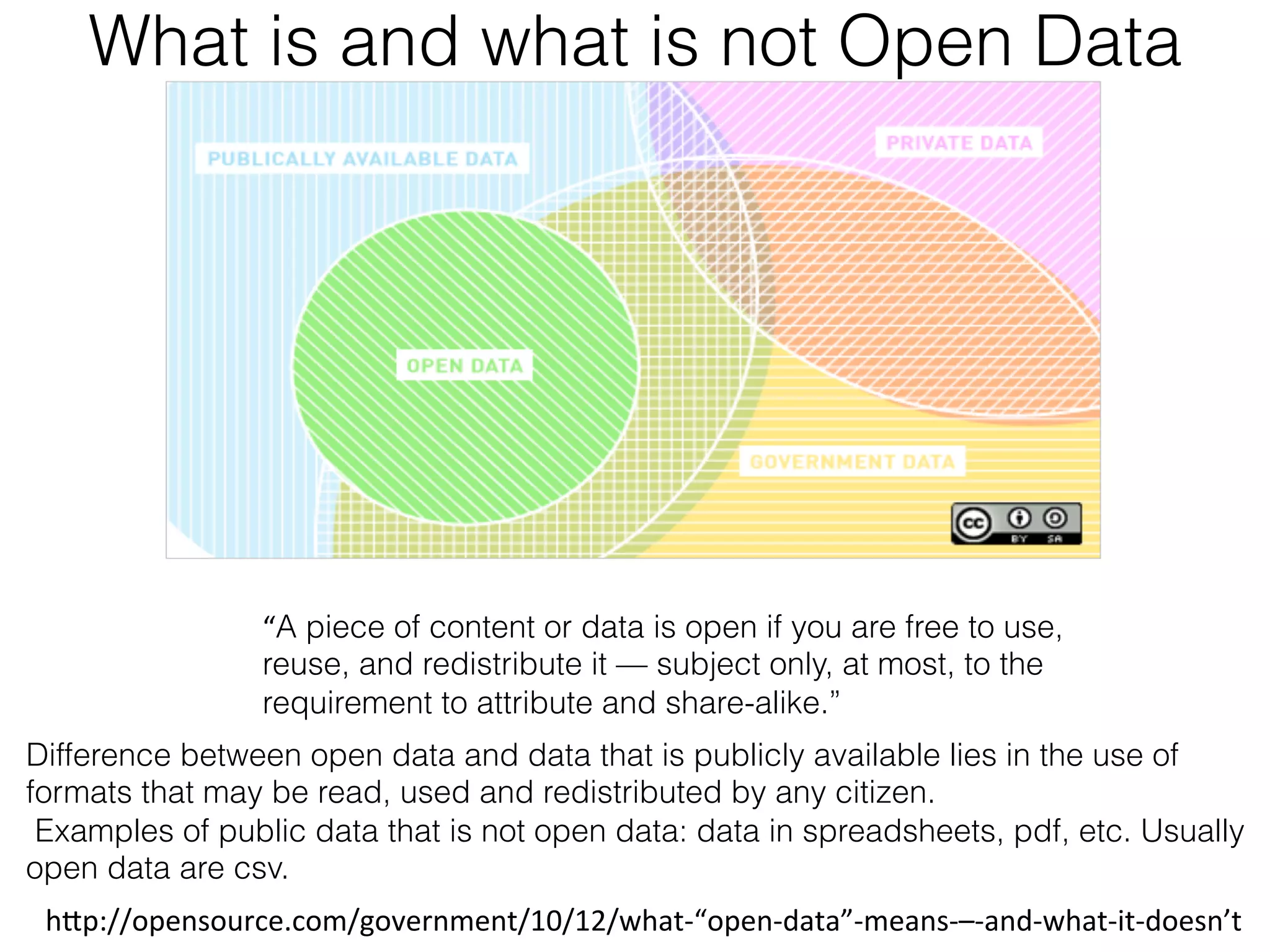 What is and what is not Open Data
Open	
  Data.	
  

“A piece of content or data is open if you are free to use,
reuse, and redistribute it — subject only, at most, to the
requirement to attribute and share-alike.”
Difference between open data and data that is publicly available lies in the use of
formats that may be read, used and redistributed by any citizen.
Examples of public data that is not open data: data in spreadsheets, pdf, etc. Usually
open data are csv.
h1p://opensource.com/government/10/12/what-­‐“open-­‐data”-­‐means-­‐–-­‐and-­‐what-­‐it-­‐doesn’t	
  

 