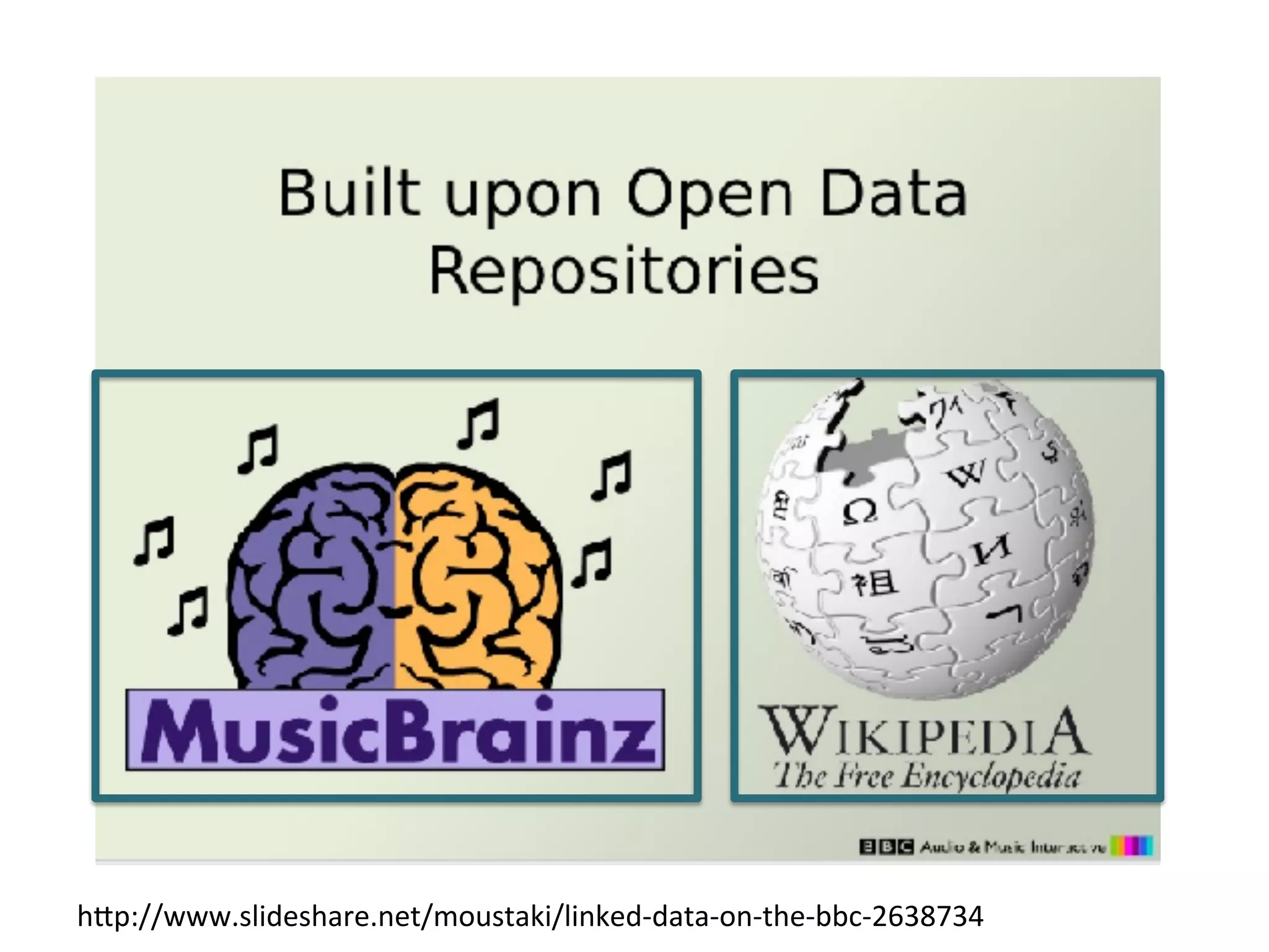h1p://www.slideshare.net/moustaki/linked-­‐data-­‐on-­‐the-­‐bbc-­‐2638734	
  

 