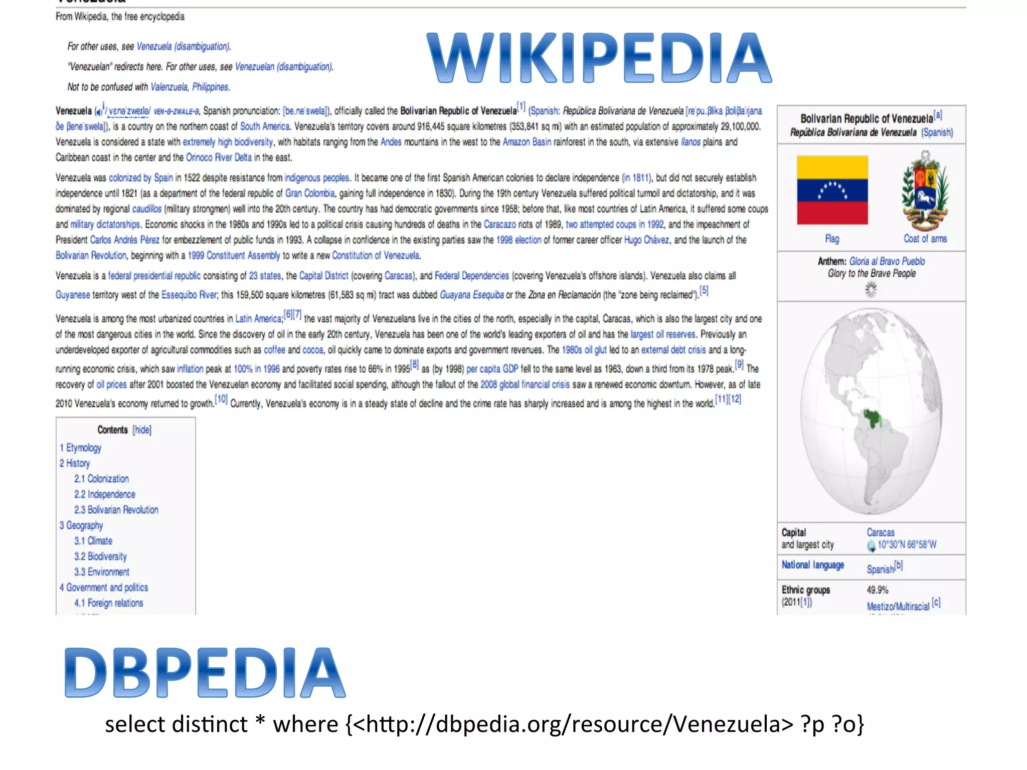 select	
  disKnct	
  *	
  where	
  {<h1p://dbpedia.org/resource/Venezuela>	
  ?p	
  ?o}	
  	
  

 