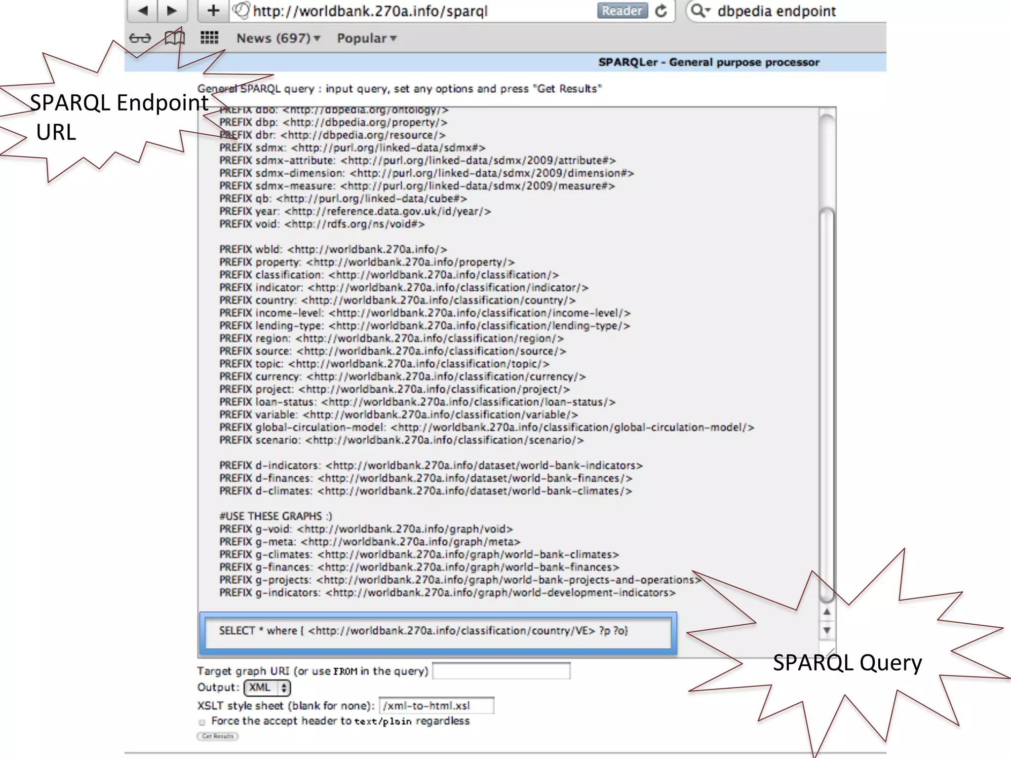 SPARQL	
  Endpoint	
  
	
  URL	
  

SPARQL	
  Query	
  

 