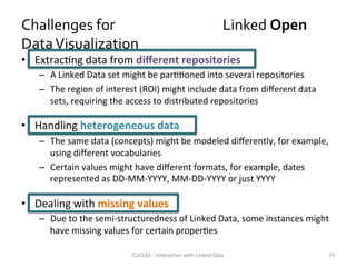 Challenges	
  for	
  	
  	
  	
  	
  	
  	
  	
  	
  	
  	
  	
  	
  	
  	
  	
  	
  	
  	
  	
  	
  	
  	
  	
  	
  	
  	
  	
  	
  	
  	
  	
  	
  	
  Linked	
  Open	
  
Data	
  Visualization	
  
•  ExtracKng	
  data	
  from	
  diﬀerent	
  repositories	
  

–  A	
  Linked	
  Data	
  set	
  might	
  be	
  parKKoned	
  into	
  several	
  repositories	
  	
  
–  The	
  region	
  of	
  interest	
  (ROI)	
  might	
  include	
  data	
  from	
  diﬀerent	
  data	
  
sets,	
  requiring	
  the	
  access	
  to	
  distributed	
  repositories	
  

•  Handling	
  heterogeneous	
  data	
  
–  The	
  same	
  data	
  (concepts)	
  might	
  be	
  modeled	
  diﬀerently,	
  for	
  example,	
  
using	
  diﬀerent	
  vocabularies	
  
–  Certain	
  values	
  might	
  have	
  diﬀerent	
  formats,	
  for	
  example,	
  dates	
  
represented	
  as	
  DD-­‐MM-­‐YYYY,	
  MM-­‐DD-­‐YYYY	
  or	
  just	
  YYYY	
  

•  Dealing	
  with	
  missing	
  values	
  
–  Due	
  to	
  the	
  semi-­‐structuredness	
  of	
  Linked	
  Data,	
  some	
  instances	
  might	
  
have	
  missing	
  values	
  for	
  certain	
  properKes	
  
EUCLID	
  –	
  InteracKon	
  with	
  Linked	
  Data	
  

75	
  

 