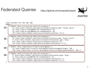 Federated Queries

h1ps://github.com/anapsid/anapsid	
  
ANAPSID	
  

SELECT	
  DISTINCT	
  ?D1	
  ?TGD	
  ?GN1	
  ?GN2	
  
WHERE	
  {	
  	
  
	
  	
  	
  	
  {	
  SERVICE	
  <http://virtuoso.bd.cesma.usb.ve/sparql>	
  {	
  	
  
	
  	
  	
  	
  	
  	
  	
  	
  ?C1	
  <http://data.linkedct.org/resource/linkedct/condition_name>	
  "Breast	
  Cancer"	
  .	
  	
  
	
  	
  	
  	
  	
  	
  	
  	
  ?C1	
  <http://www.w3.org/2000/01/rdf-­‐schema#seeAlso>	
  ?D1	
  .	
  	
  
	
  	
  	
  	
  	
  	
  	
  	
  ?C3	
  <http://www.w3.org/2000/01/rdf-­‐schema#seeAlso>	
  ?D1	
  .	
  	
  
	
  	
  	
  	
  	
  	
  	
  	
  ?CT3	
  <http://data.linkedct.org/resource/linkedct/condition>	
  ?C3	
  }}	
  .	
  	
  
	
  
	
  	
  	
  	
  {	
  SERVICE	
  <http://virtuoso.bd.cesma.usb.ve/sparql>	
  {	
  	
  
	
  	
  	
  	
  	
  	
  	
  	
  ?C1	
  <http://data.linkedct.org/resource/linkedct/condition_name>	
  "Breast	
  Cancer"	
  .	
  	
  
	
  	
  	
  	
  	
  	
  	
  	
  ?I	
  <http://data.linkedct.org/resource/linkedct/intervention_type>	
  "Drug"	
  .	
  	
  
	
  	
  	
  	
  	
  	
  	
  	
  ?CT1	
  <http://data.linkedct.org/resource/linkedct/condition>	
  ?C1	
  .	
  	
  
	
  	
  	
  	
  	
  	
  	
  	
  ?CT1	
  <http://data.linkedct.org/resource/linkedct/intervention>	
  ?I	
  }}	
  .	
  	
  
	
  
	
  	
  	
  	
  {	
  SERVICE	
  <http://www4.wiwiss.fu-­‐berlin.de/drugbank/>	
  {	
  	
  
	
  	
  	
  	
  	
  	
  	
  	
  ?I1	
  <http://www4.wiwiss.fu-­‐berlin.de/drugbank/resource/drugbank/target>	
  ?TGD	
  .	
  	
  
	
  	
  	
  	
  	
  	
  	
  	
  ?TGD	
  <http://www4.wiwiss.fu-­‐berlin.de/drugbank/resource/drugbank/genbankIdGene>	
  ?GN1	
  }}	
  .	
  
	
  	
  
	
  	
  	
  	
  {	
  SERVICE	
  <http://virtuoso.bd.cesma.usb.ve/sparql>	
  {	
  	
  
	
  	
  	
  	
  	
  	
  	
  	
  ?I	
  <http://data.linkedct.org/resource/linkedct/intervention_type>	
  "Drug"	
  .	
  	
  
	
  	
  	
  	
  	
  	
  	
  	
  ?I	
  <http://www.w3.org/2000/01/rdf-­‐schema#seeAlso>	
  ?I1	
  .	
  	
  
	
  	
  	
  	
  	
  	
  	
  	
  ?CT3	
  <http://data.linkedct.org/resource/linkedct/intervention>	
  ?I	
  .	
  	
  
	
  	
  	
  	
  	
  	
  	
  	
  ?CT3	
  <http://data.linkedct.org/resource/linkedct/condition>	
  ?C3	
  }}	
  .	
  	
  
}	
  
	
  

S1:	
  

S2:	
  

S3:	
  
S4:	
  

98	
  

 