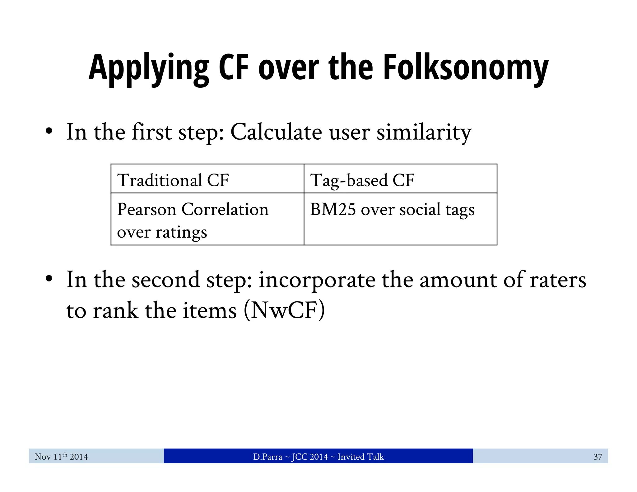 Applying CF over the Folksonomy 
• In the first step: Calculate user similarity 
Traditional CF Tag-based CF 
Pearson Correlation 
over ratings 
BM25 over social tags 
• In the second step: incorporate the amount of raters 
to rank the items (NwCF) 
Nov 11th 2014 D.Parra ~ JCC 2014 ~ Invited Talk 37 
 