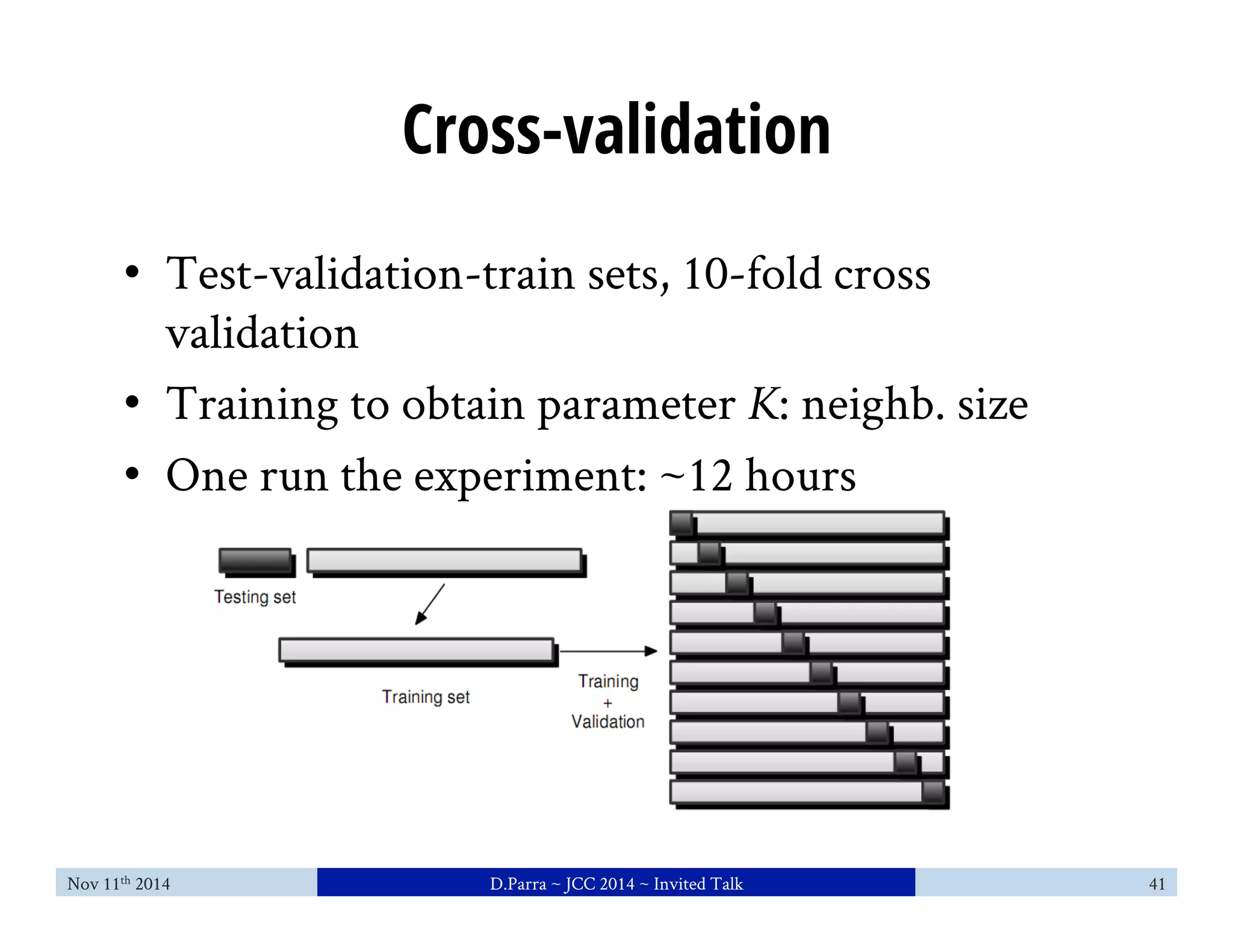 Cross-validation 
• Test-validation-train sets, 10-fold cross 
validation 
• Training to obtain parameter K: neighb. size 
• One run the experiment: ~12 hours 
Nov 11th 2014 D.Parra ~ JCC 2014 ~ Invited Talk 41 
 