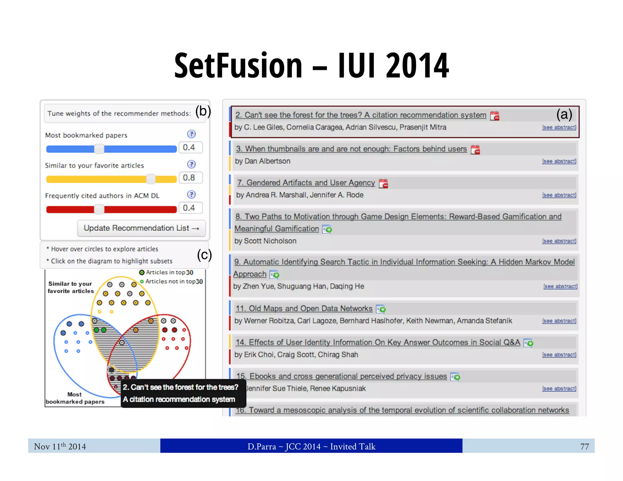 SetFusion – IUI 2014 
Nov 11th 2014 D.Parra ~ JCC 2014 ~ Invited Talk 77 
 