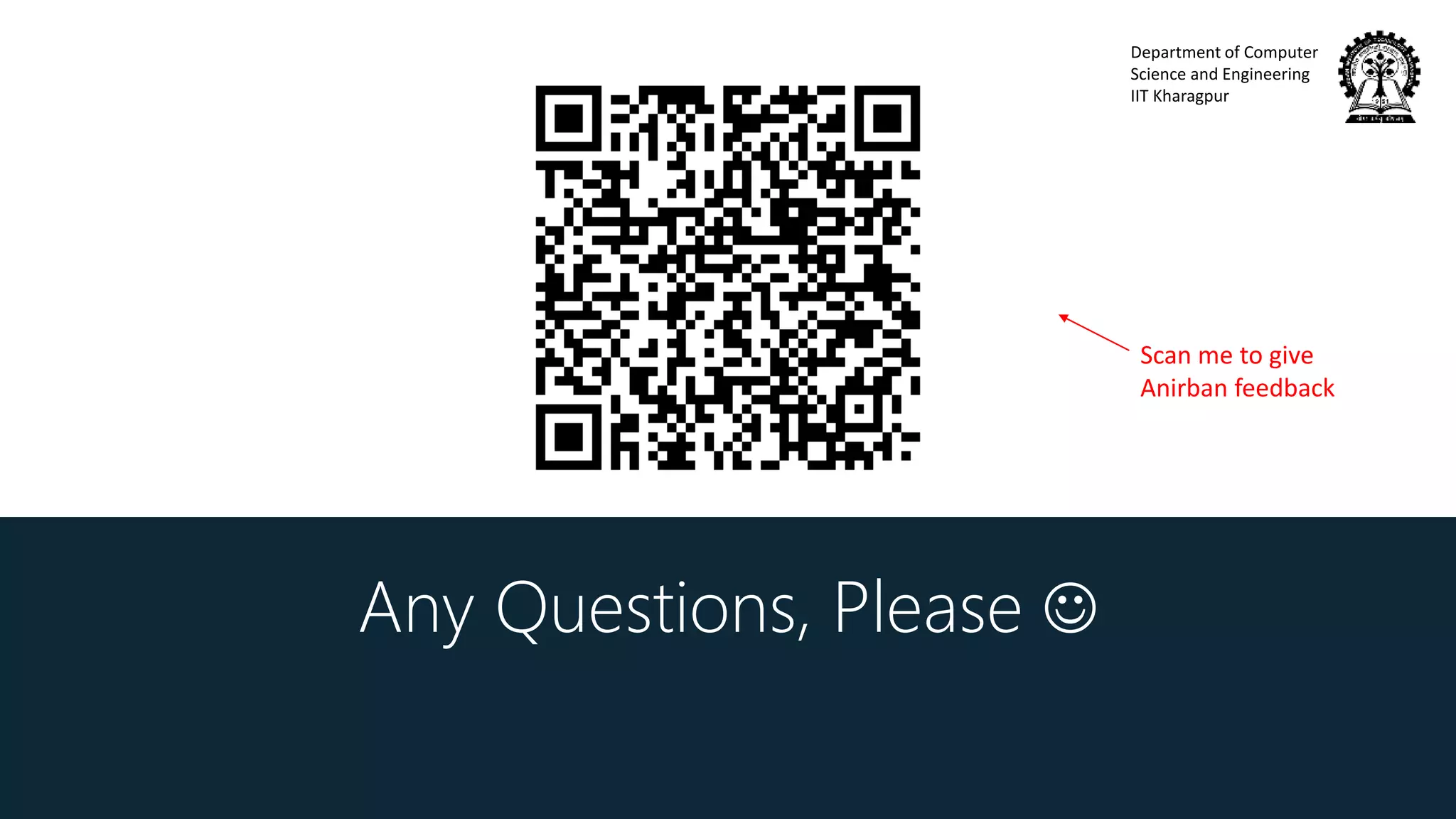 Department of Computer
Science and Engineering
IIT Kharagpur
Any Questions, Please 
Scan me to give
Anirban feedback
 