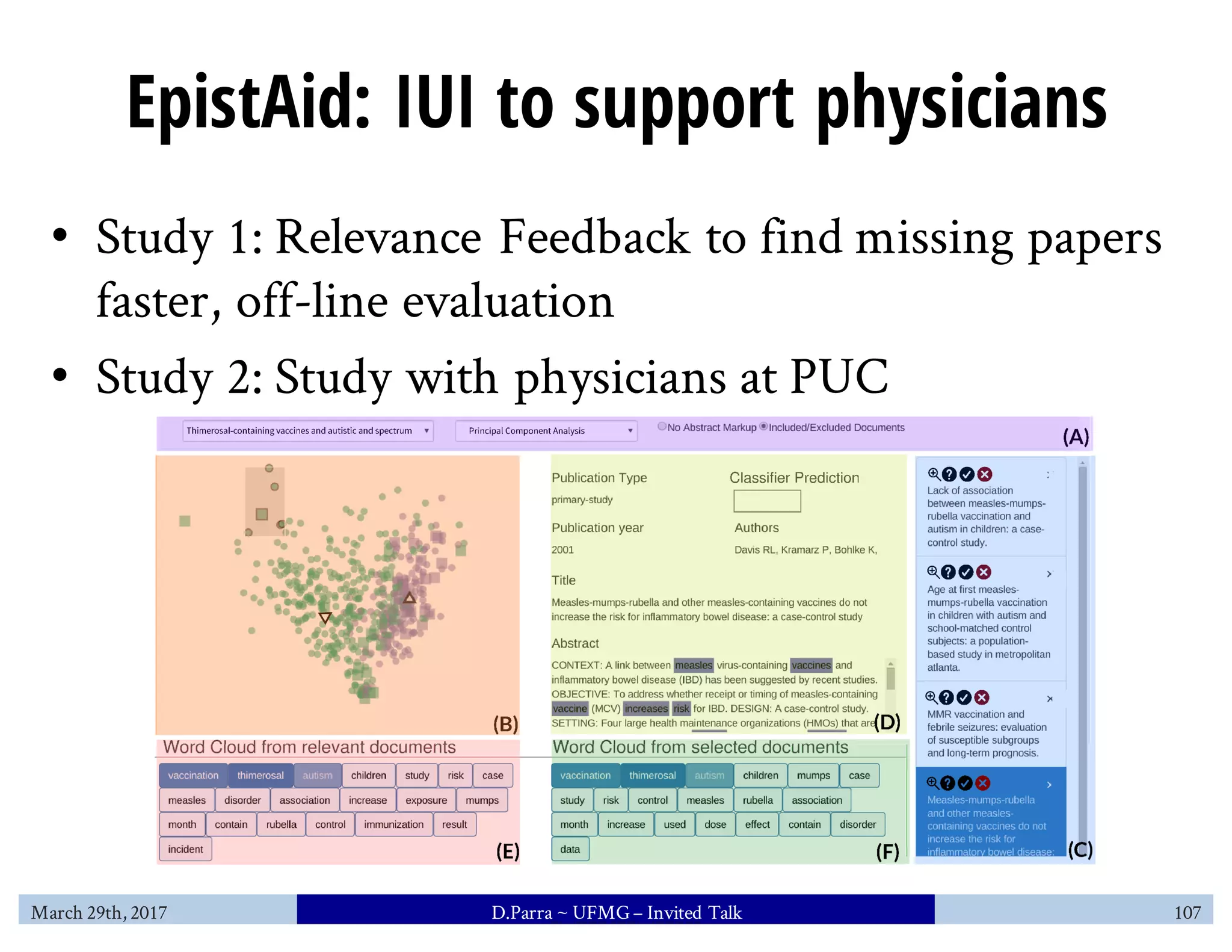 EpistAid: IUI to support physicians
• Study 1: Relevance Feedback to find missing papers
faster, off-line evaluation
• Study 2: Study with physicians at PUC
March 29th, 2017 D.Parra ~ UFMG– Invited Talk 107
 