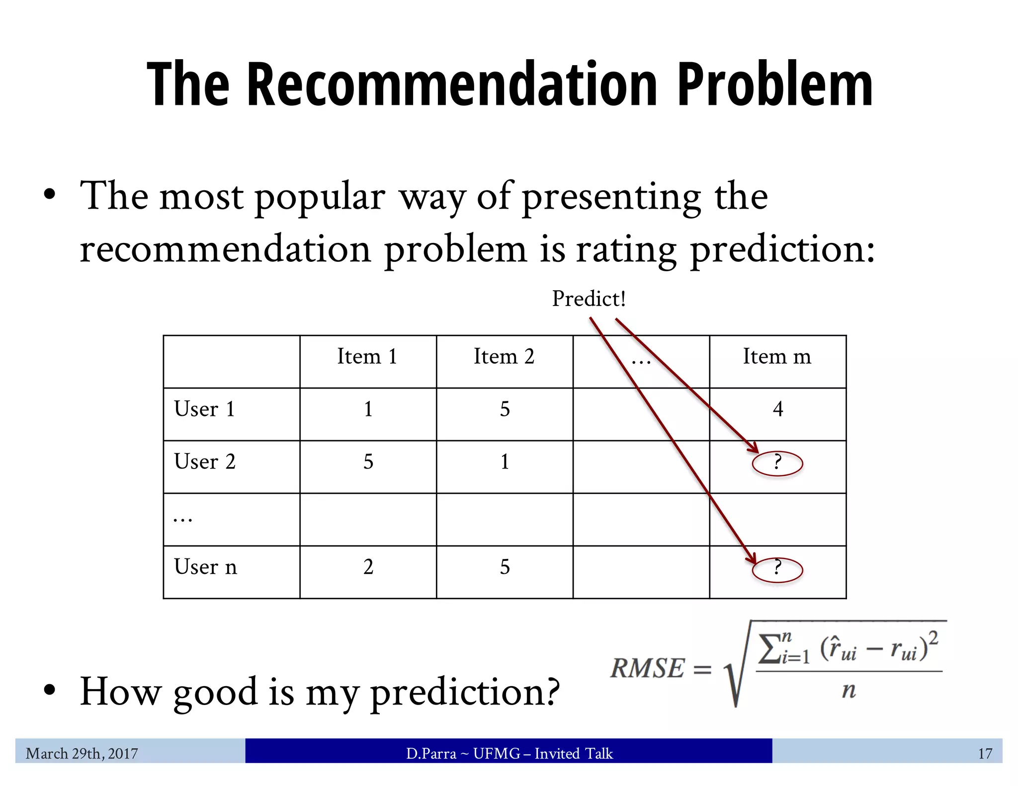 The Recommendation Problem
• The most popular way of presenting the
recommendation problem is rating prediction:
• How good is my prediction?
Item 1 Item 2 … Item m
User 1 1 5 4
User 2 5 1 ?
…
User n 2 5 ?
Predict!
March 29th, 2017 D.Parra ~ UFMG– Invited Talk 17
 