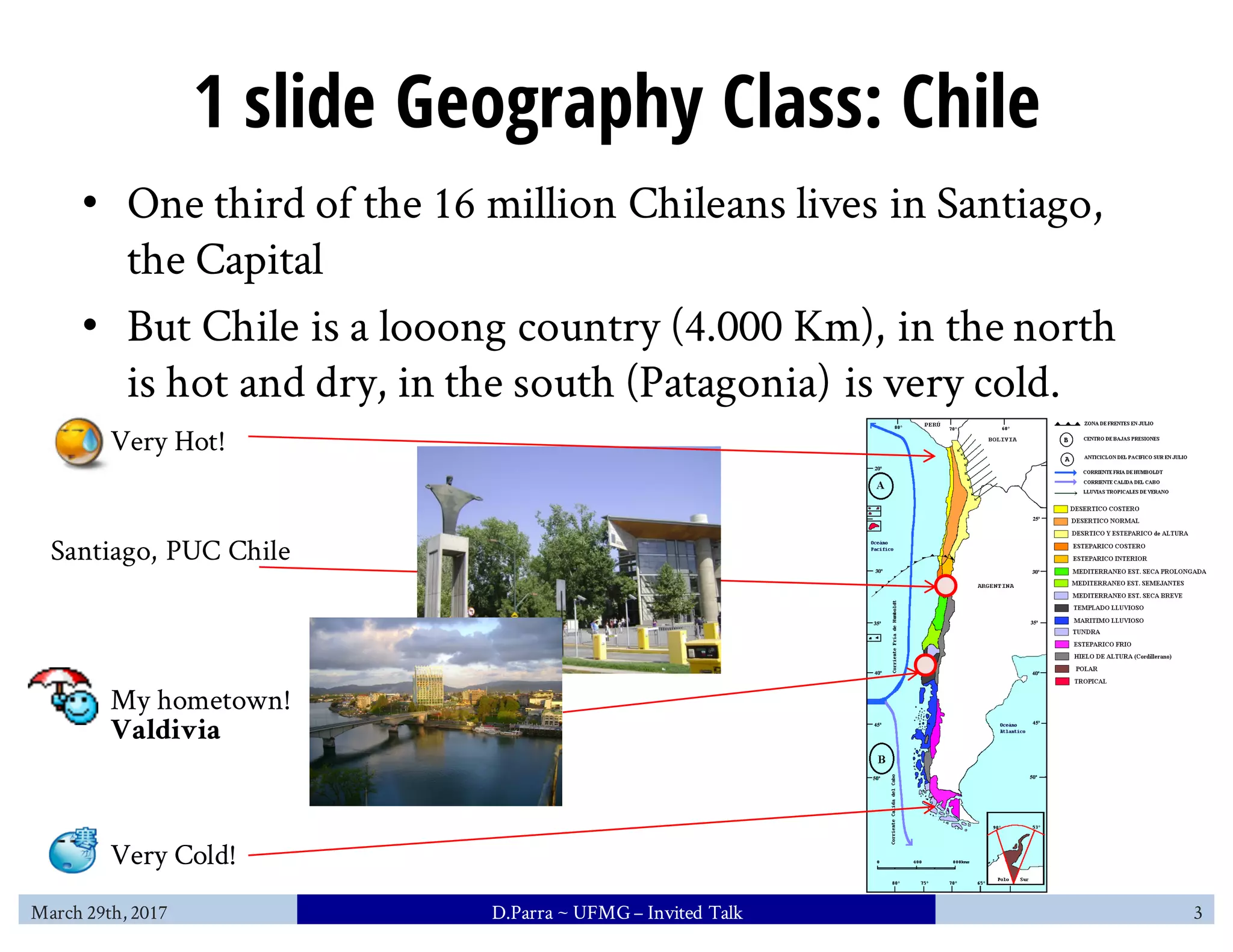 1 slide Geography Class: Chile
• One third of the 16 million Chileans lives in Santiago,
the Capital
• But Chile is a looong country (4.000 Km), in the north
is hot and dry, in the south (Patagonia) is very cold.
Very Hot!
Very Cold!
My hometown!
Valdivia
Santiago, PUC Chile
March 29th, 2017 D.Parra ~ UFMG– Invited Talk 3
 