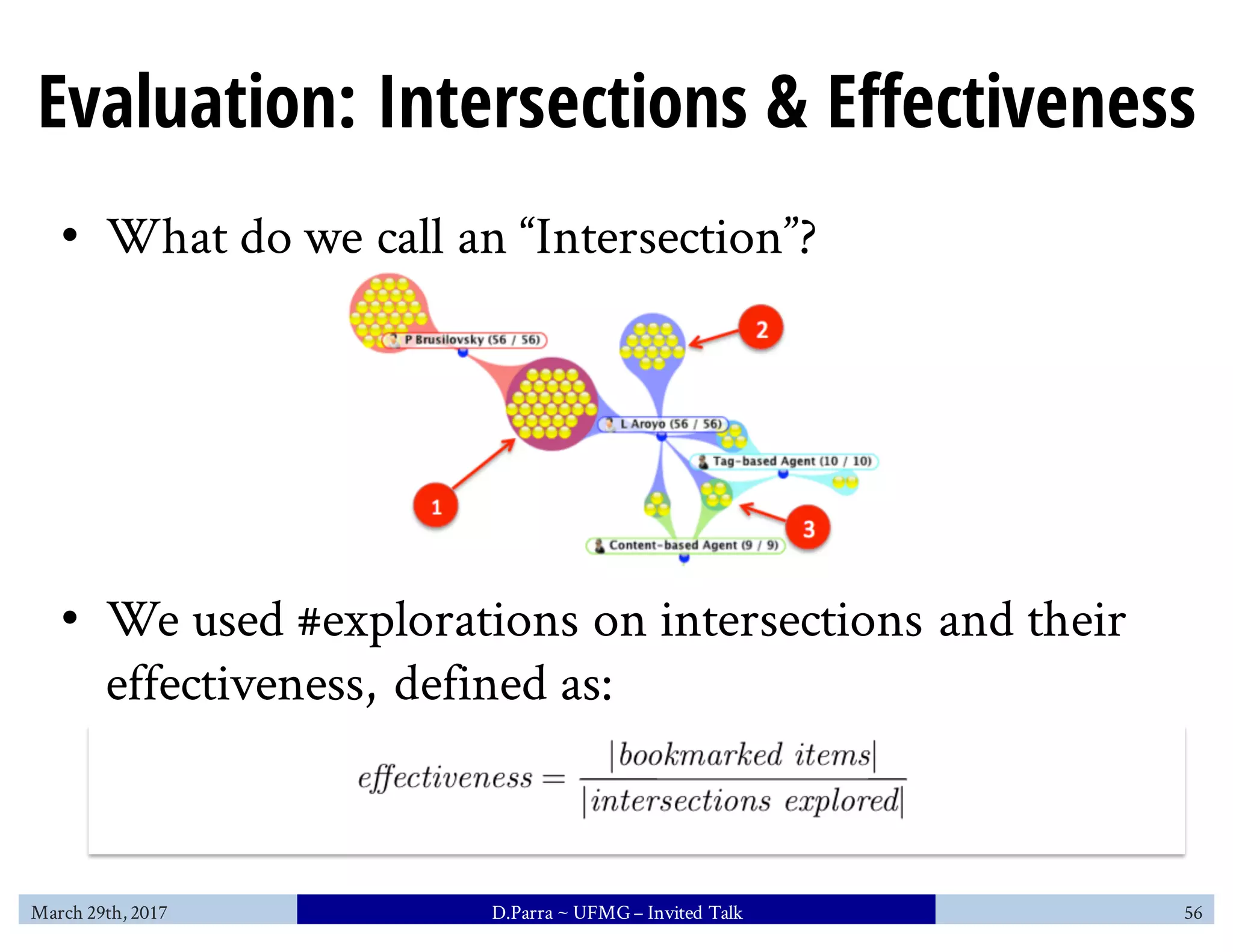 Evaluation: Intersections & Effectiveness
• What do we call an “Intersection”?
• We used #explorations on intersections and their
effectiveness, defined as:
Effectiveness =
March 29th, 2017 D.Parra ~ UFMG– Invited Talk 56
 