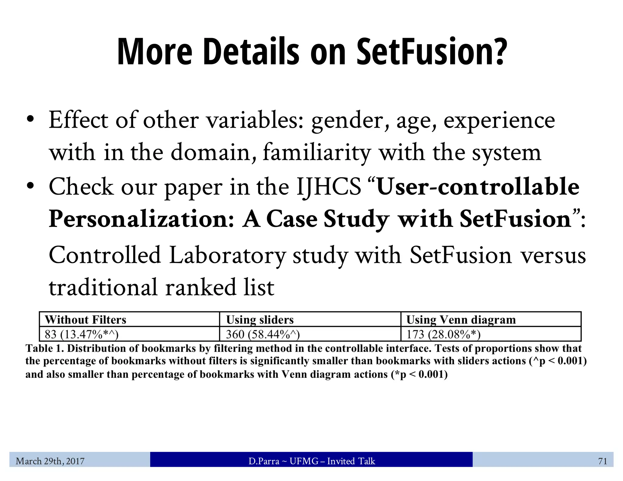 More Details on SetFusion?
• Effect of other variables: gender, age, experience
with in the domain, familiarity with the system
• Check our paper in the IJHCS “User-controllable
Personalization: A Case Study with SetFusion”:
Controlled Laboratory study with SetFusion versus
traditional ranked list
March 29th, 2017 D.Parra ~ UFMG– Invited Talk 71
 