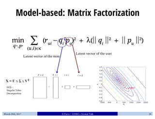 Model-based: Matrix Factorization
Latent vector of the item
Latent vector of the user
SVD ~
Singular Value
Decomposition
M...