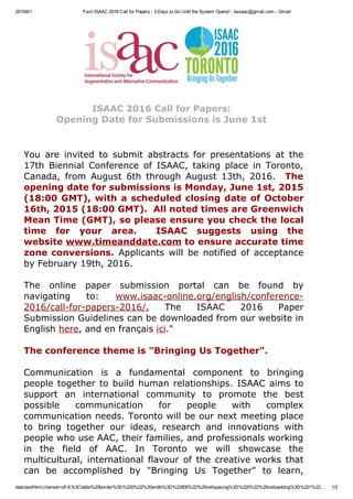 2015/6/1 Fwd: ISAAC 2016 Call for Papers ­ 3 Days to Go Until the System Opens! ­ twsaac@gmail.com ­ Gmail
data:text/html;...