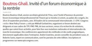 Le Télégramme : "Boutros-Ghali. Invité d'un forum économique à la rentrée", 09/07/2014 -EPIC Congress