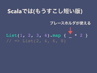 Scala ( )
List(1, 2, 3, 4).map { _ * 2 }
// => List(2, 4, 6, 8)
 