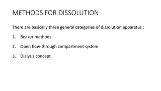METHODS FOR DISSOLUTION
There are basically three general categories of dissolution apparatus :
1. Beaker methods
2. Open flow-through compartment system
3. Dialysis concept
 