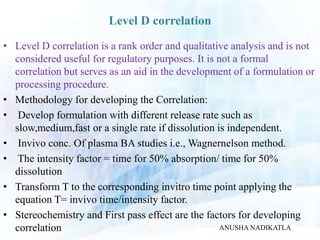 Level D correlation
• Level D correlation is a rank order and qualitative analysis and is not
considered useful for regulatory purposes. It is not a formal
correlation but serves as an aid in the development of a formulation or
processing procedure.
• Methodology for developing the Correlation:
• Develop formulation with different release rate such as
slow,medium,fast or a single rate if dissolution is independent.
• Invivo conc. Of plasma BA studies i.e., Wagnernelson method.
• The intensity factor = time for 50% absorption/ time for 50%
dissolution
• Transform T to the corresponding invitro time point applying the
equation T= invivo time/intensity factor.
• Stereochemistry and First pass effect are the factors for developing
correlation ANUSHA NADIKATLA
 