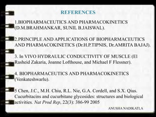 REFERENCES
1.BIOPHARMACEUTICS AND PHARMACOKINETICS
(D.M.BRAHMANKAR, SUNIL B.JAISWAL).
2.PRINCIPLE AND APPLICATIONS OF BIOPHARMACEUTICS
AND PHARMACOKINETICS (Dr.H.P.TIPNIS, Dr.AMRITA BAJAJ).
3. In VIVO HYDRAULIC CONDUCTIVITY OF MUSCLE (El
Rasheid Zakaria, Joanne Lofthouse, and Michael F Flessner).
4. BIOPHARMACEUTICS AND PHARMACOKINETICS
(Venkateshwarlu).
5 Chen, J.C., M.H. Chiu, R.L. Nie, G.A. Cordell, and S.X. Qius.
Cucurbitacins and cucurbitane glycosides: structures and biological
activities. Nat Prod Rep, 22(3): 386-99 2005
ANUSHA NADIKATLA
 