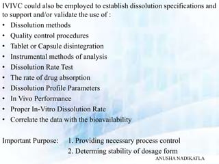 IVIVC could also be employed to establish dissolution specifications and
to support and/or validate the use of :
• Dissolution methods
• Quality control procedures
• Tablet or Capsule disintegration
• Instrumental methods of analysis
• Dissolution Rate Test
• The rate of drug absorption
• Dissolution Profile Parameters
• In Vivo Performance
• Proper In-Vitro Dissolution Rate
• Correlate the data with the bioavailability
Important Purpose: 1. Providing necessary process control
2. Determing stability of dosage form
ANUSHA NADIKATLA
 