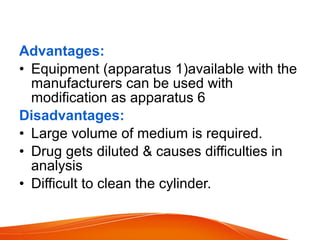 Advantages:
• Equipment (apparatus 1)available with the
manufacturers can be used with
modification as apparatus 6
Disadvantages:
• Large volume of medium is required.
• Drug gets diluted & causes difficulties in
analysis
• Difficult to clean the cylinder.
 