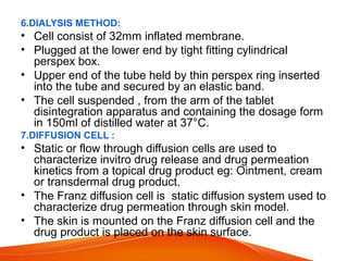 6.DIALYSIS METHOD:
• Cell consist of 32mm inflated membrane.
• Plugged at the lower end by tight fitting cylindrical
perspex box.
• Upper end of the tube held by thin perspex ring inserted
into the tube and secured by an elastic band.
• The cell suspended , from the arm of the tablet
disintegration apparatus and containing the dosage form
in 150ml of distilled water at 37°C.
7.DIFFUSION CELL :
• Static or flow through diffusion cells are used to
characterize invitro drug release and drug permeation
kinetics from a topical drug product eg: Ointment, cream
or transdermal drug product.
• The Franz diffusion cell is static diffusion system used to
characterize drug permeation through skin model.
• The skin is mounted on the Franz diffusion cell and the
drug product is placed on the skin surface.
 