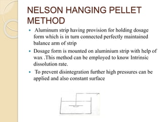 NELSON HANGING PELLET
METHOD
 Aluminum strip having provision for holding dosage
form which is in turn connected perfectly maintained
balance arm of strip
 Dosage form is mounted on aluminium strip with help of
wax .This method can be employed to know Intrinsic
dissolution rate.
 To prevent disintegration further high pressures can be
applied and also constant surface
 