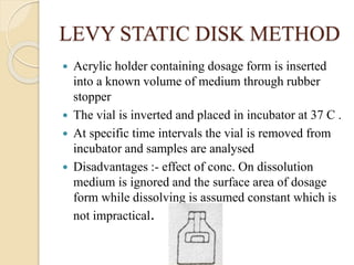 LEVY STATIC DISK METHOD
 Acrylic holder containing dosage form is inserted
into a known volume of medium through rubber
stopper
 The vial is inverted and placed in incubator at 37 C .
 At specific time intervals the vial is removed from
incubator and samples are analysed
 Disadvantages :- effect of conc. On dissolution
medium is ignored and the surface area of dosage
form while dissolving is assumed constant which is
not impractical.
 