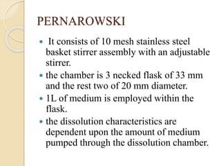 PERNAROWSKI
 It consists of 10 mesh stainless steel
basket stirrer assembly with an adjustable
stirrer.
 the chamber is 3 necked flask of 33 mm
and the rest two of 20 mm diameter.
 1L of medium is employed within the
flask.
 the dissolution characteristics are
dependent upon the amount of medium
pumped through the dissolution chamber.
 