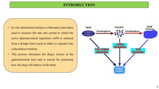INTRODUCTION
• In vitro dissolution testing is a laboratory procedure
used to measure the rate and extend to which the
active pharmaceutical ingredient (API) is released
from a dosage form (such as tablet or capsule) into
a dissolution medium.
• This process stimulates the drug’s release in the
gastrointestinal tract and is crucial for predicting
how the drug will behave in the body.
3
 