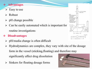  Advantages
 Easy to use
 Robust
 pH change possible
 Can be easily automated which is important for
routine investigations
 Disadvantages
 pH/media change is often difficult
 Hydrodynamics are complex, they vary with site of the dosage
form in the vessel (sticking,floating) and therefore may
significantly affect drug dissolution
 Sinkers for floating dosage forms
 