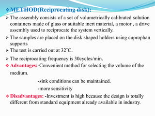 METHOD(Reciprocating disk):
 The assembly consists of a set of volumetrically calibrated solution
containers made of glass or suitable inert material, a motor , a drive
assembly used to reciprocate the system vertically.
 The samples are placed on the disk shaped holders using cuprophan
supports
 The test is carried out at 32°C.
 The reciprocating frequency is 30cycles/min.
 Advantages:-Convenient method for selecting the volume of the
medium.
-sink conditions can be maintained.
-more sensitivity
 Disadvantages: -Investment is high because the design is totally
different from standard equipment already available in industry.
 