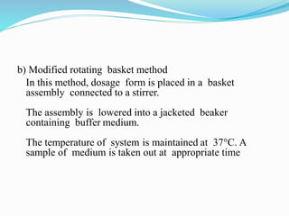 41
b) Modified rotating basket method
In this method, dosage form is placed in a basket
assembly connected to a stirrer.
The assembly is lowered into a jacketed beaker
containing buffer medium.
The temperature of system is maintained at 37°C. A
sample of medium is taken out at appropriate time
 