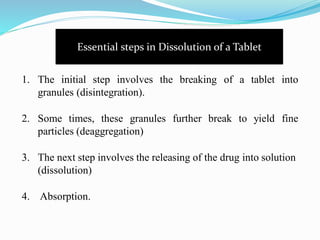 1. The initial step involves the breaking of a tablet into
granules (disintegration).
2. Some times, these granules further break to yield fine
particles (deaggregation)
3. The next step involves the releasing of the drug into solution
(dissolution)
4. Absorption.
Essential steps in Dissolution of a Tablet
 