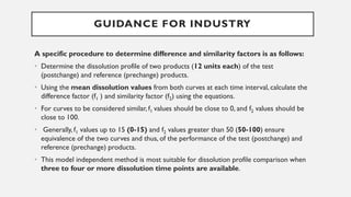 GUIDANCE FOR INDUSTRY
A specific procedure to determine difference and similarity factors is as follows:
• Determine the dissolution profile of two products (12 units each) of the test
(postchange) and reference (prechange) products.
• Using the mean dissolution values from both curves at each time interval, calculate the
difference factor (f1 ) and similarity factor (f2) using the equations.
• For curves to be considered similar, f1 values should be close to 0, and f2 values should be
close to 100.
• Generally, f1 values up to 15 (0-15) and f2 values greater than 50 (50-100) ensure
equivalence of the two curves and thus, of the performance of the test (postchange) and
reference (prechange) products.
• This model independent method is most suitable for dissolution profile comparison when
three to four or more dissolution time points are available.
 