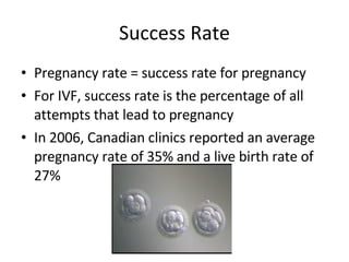Success Rate Pregnancy rate = success rate for pregnancy  For IVF, success rate is the percentage of all attempts that lead to pregnancy In 2006, Canadian clinics reported an average pregnancy rate of 35% and a live birth rate of 27% 
